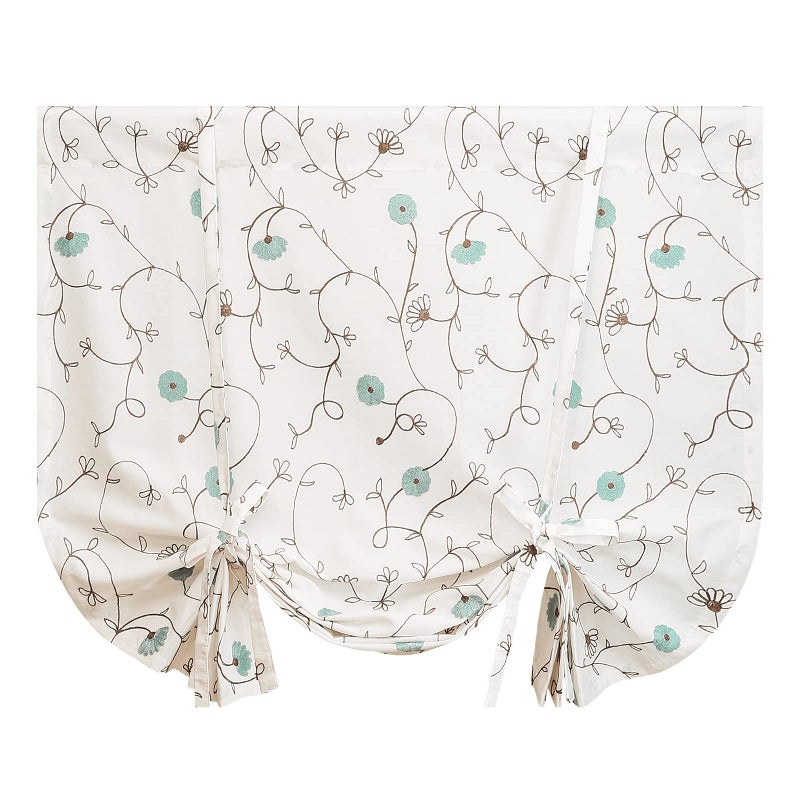 VOGOL Tie Up Curtains for Kitchen Windows Blue Floral Embroidered Adjustable Tie Up Shades Rod Pocket White Linen Window Drapes for Farmhouse Small Cafe Bathroom One Panel 42x63