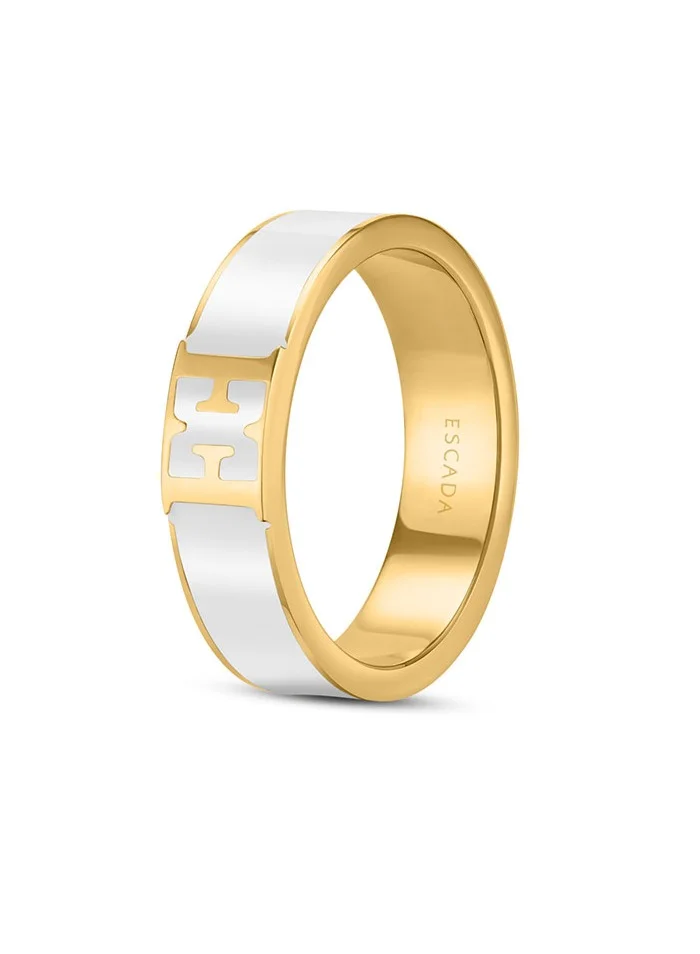 ESCADA Scarlett Gold Plated Ring with Logo Cutout and White Enamel Detail
