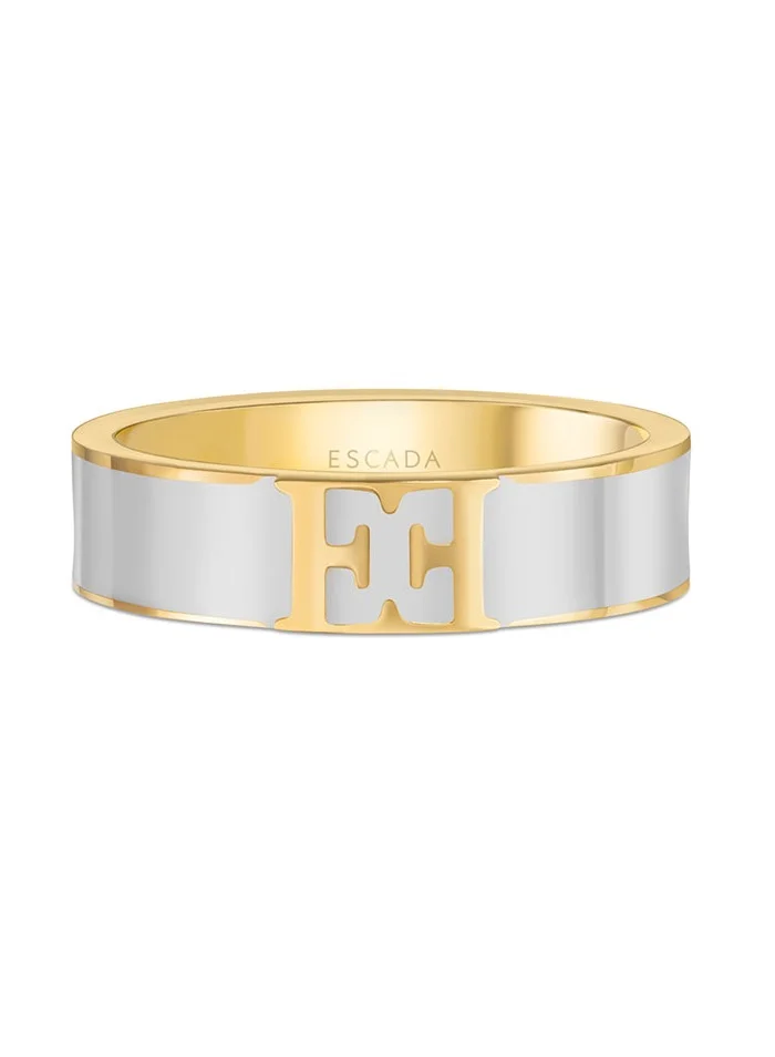 ESCADA Scarlett Gold Plated Ring with Logo Cutout and White Enamel Detail