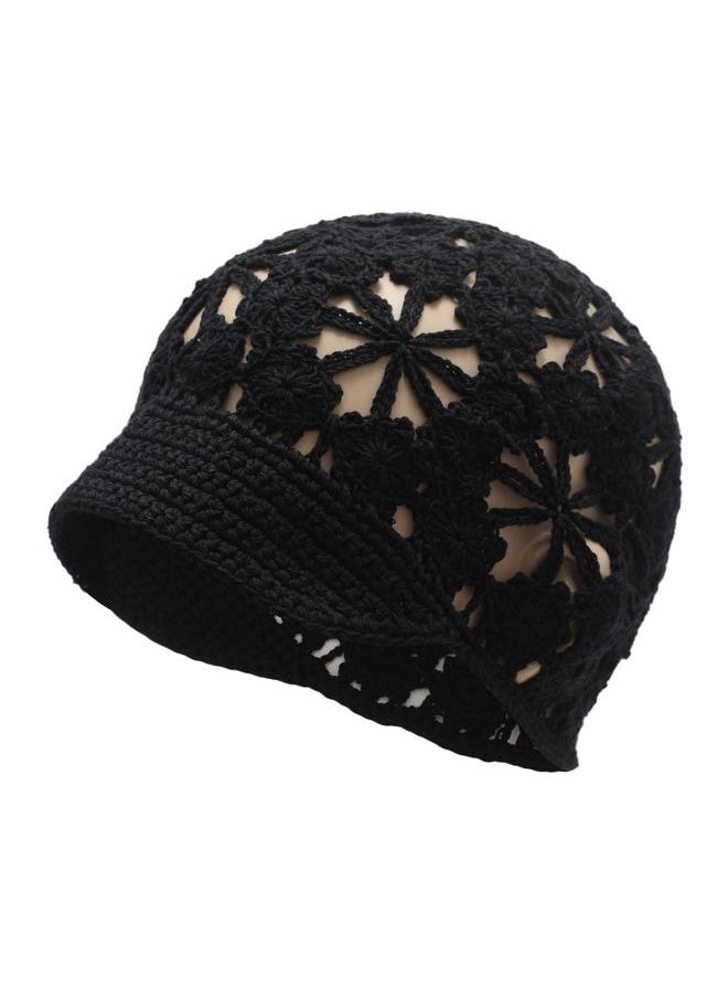 ZLYC Women Summer Slouchy Crochet Hat Handmade Cutout Knit Skull Cap with Visor (Plain Black)  - Image 1