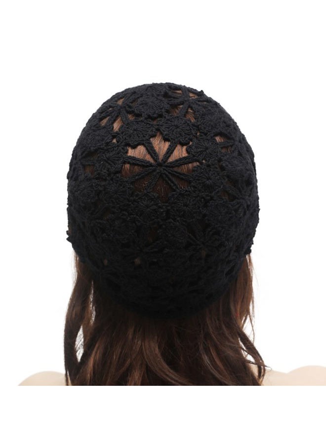 ZLYC Women Summer Slouchy Crochet Hat Handmade Cutout Knit Skull Cap with Visor (Plain Black)  - Image 3