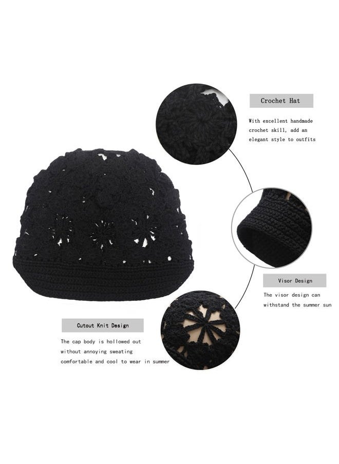 ZLYC Women Summer Slouchy Crochet Hat Handmade Cutout Knit Skull Cap with Visor (Plain Black)  - Image 4