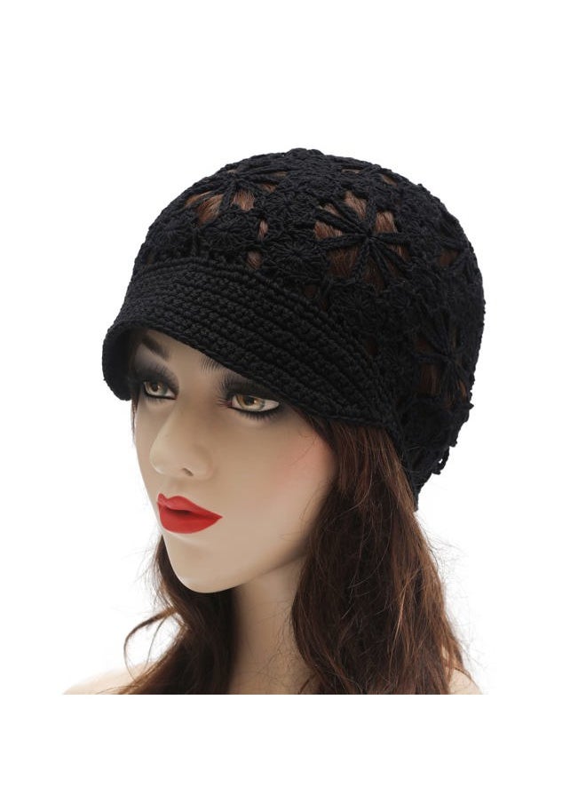 ZLYC Women Summer Slouchy Crochet Hat Handmade Cutout Knit Skull Cap with Visor (Plain Black)  - Image 2