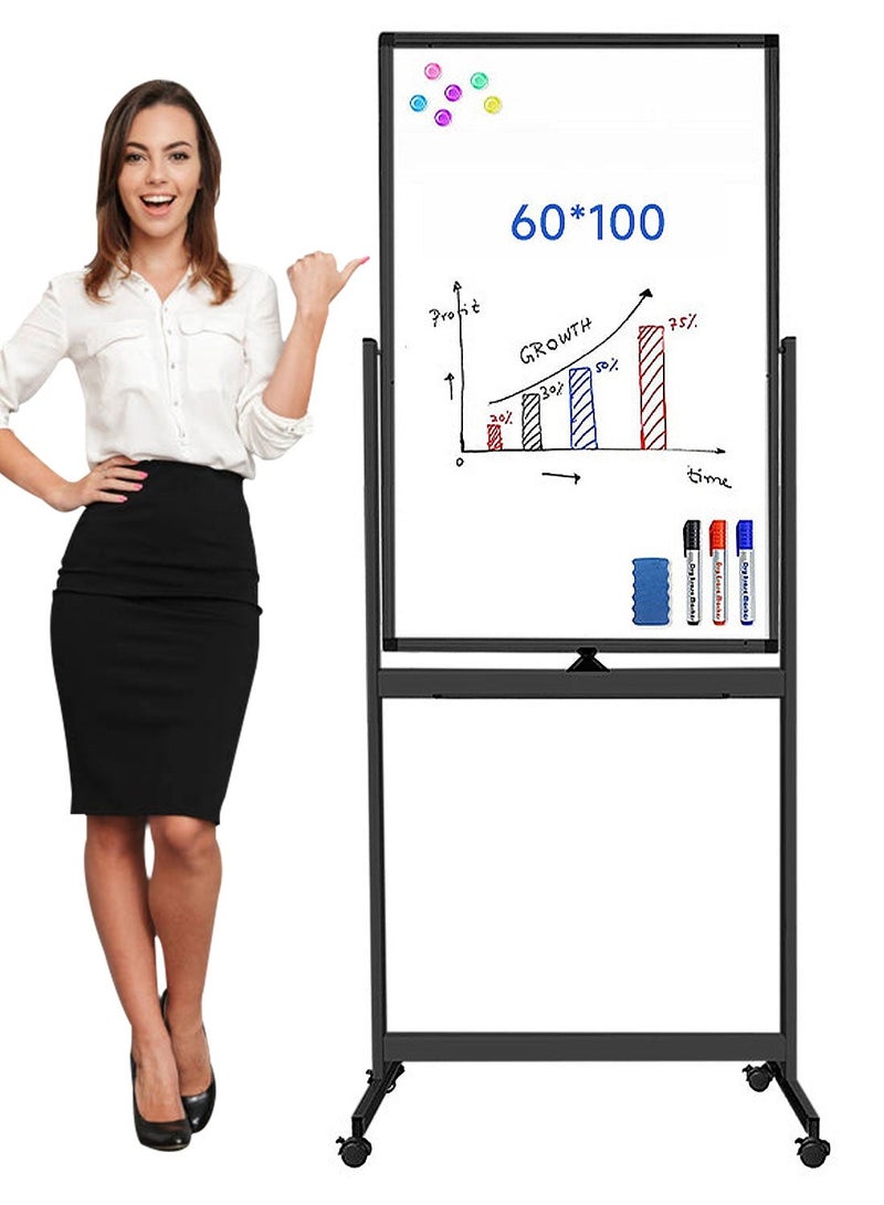 كيدل ألواح مسح جافة من KidLe، سبورة بيضاء متحركة بحامل، سبورة بيضاء دوارة بسطح مطلي ناعم من 3 طبقات - عجلات دوارة 360 درجة، زوايا ABS متينة، مثالية للفريق - Image 1