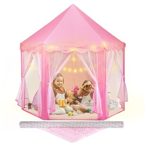 Volscity Princess Tent with Rug Led Star LightsPrincess Castle Play Tent for Girls Kids or Toddlers Kids Large Playhouse for Indoor and Outdoor Games140 135cmBirthday for 3456789 Year Old - Image 1