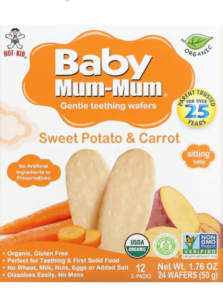 Hot Kid, Baby Mum-Mum, Gentle Teething Wafers, Sweet Potato & Carrot, 12 Packs, 2 Wafers Each