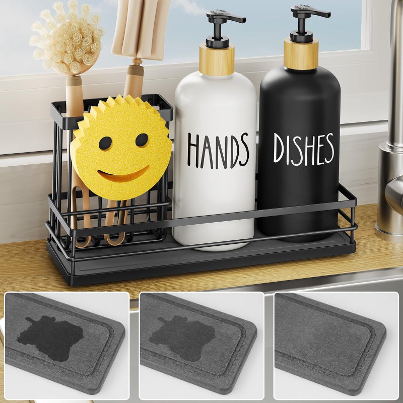 Moforoco Kitchen Dish Soap Dispenser Set, 16OZ Glass Bottle, Hand and Dish Soap Dispenser Set, Instant Dry Tray, Non-Slip Silicone Pad, Brush Holder with Smiley Face Sponge Holder, Kitchen Decor - Image 1