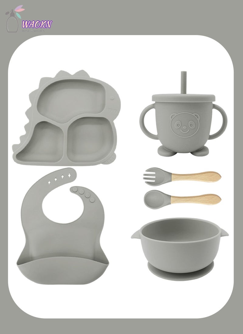 WAOKN 6-Piece Baby Silicone Tableware Set, Special For Infants To Eat Their Own Training Tableware Set, Including Complementary Food Bowl, Sippy Cup, Dinner Plate, Bib, Fork And Spoon  - Image 1