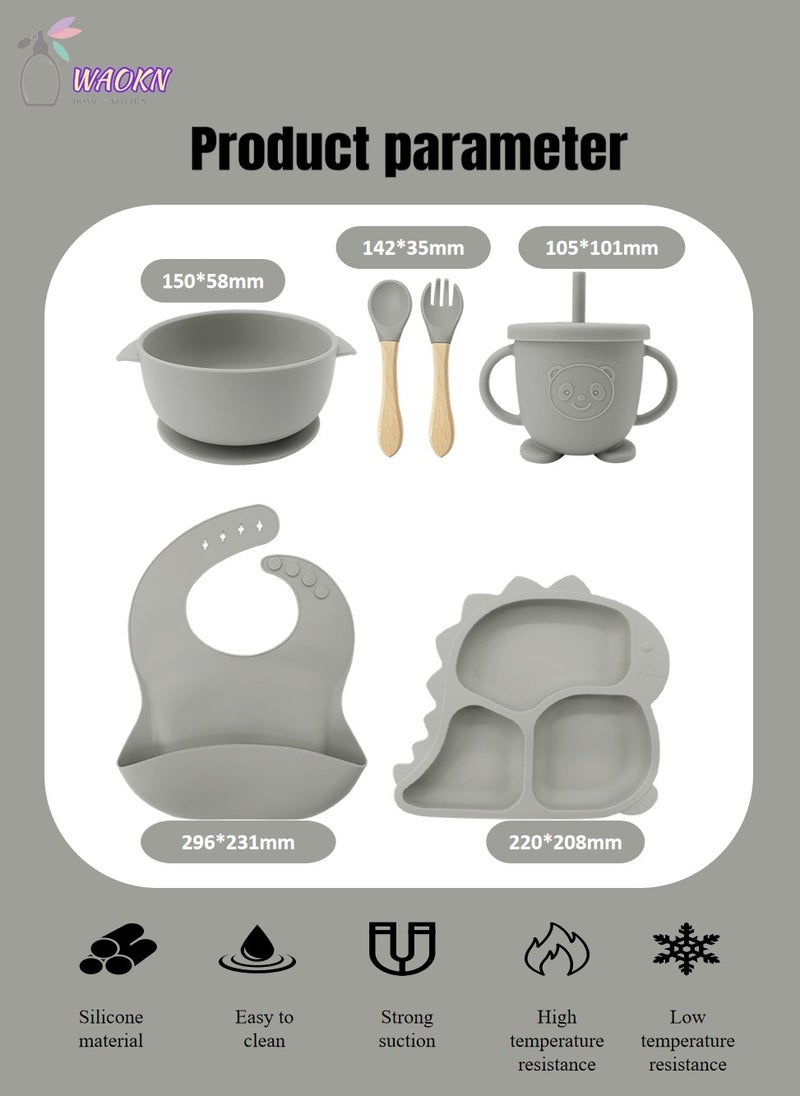 WAOKN 6-Piece Baby Silicone Tableware Set, Special For Infants To Eat Their Own Training Tableware Set, Including Complementary Food Bowl, Sippy Cup, Dinner Plate, Bib, Fork And Spoon  - Image 2