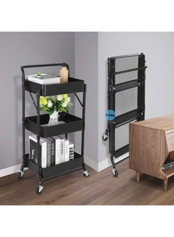 Lovecandy Foldable Rolling Storage Cart 3 Tiers Multi-purpose Cart with Wheels No Assembly Required, White Metal Storage Cart for Kitchen Pantry, Bathroom, Dormitory with Hanging Cup, Heavy Duty Mobile Folding Cart (BLACK) - Image 2