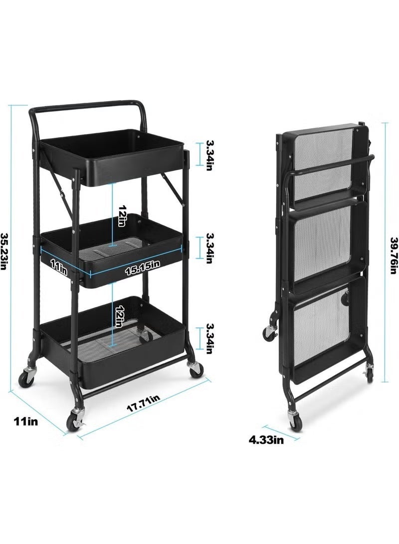 Lovecandy Foldable Rolling Storage Cart 3 Tiers Multi-purpose Cart with Wheels No Assembly Required, White Metal Storage Cart for Kitchen Pantry, Bathroom, Dormitory with Hanging Cup, Heavy Duty Mobile Folding Cart (BLACK) - Image 3