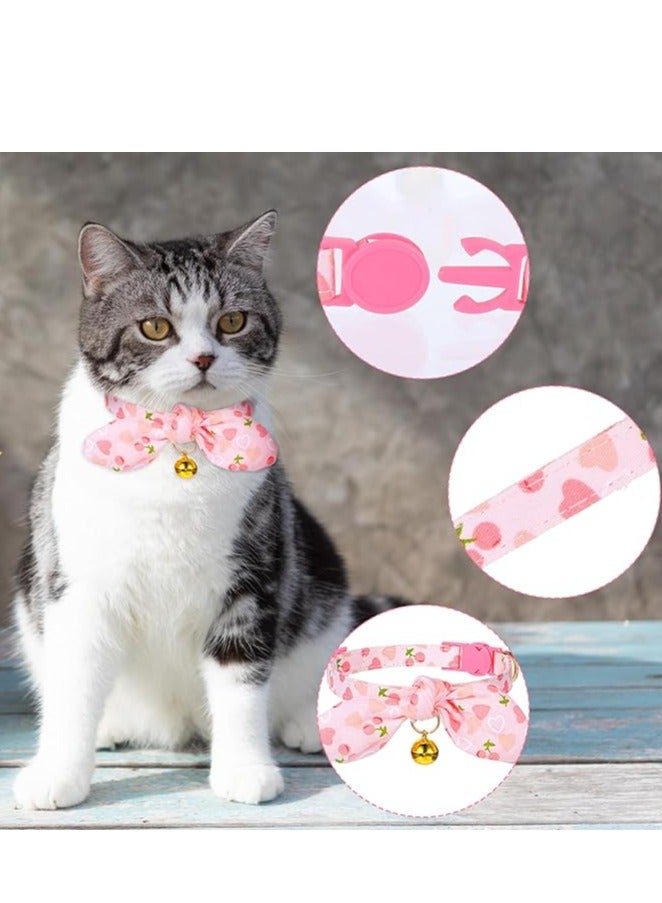 2 Pcs Cotton Bowtie Cat Collar with Bell, Breakaway Kitten Collar with Love Heart Cherry Pattern with Removeable Bow, Adjustable Pink Girl Cat Collars with Safety Clasp for Kitten - Image 3