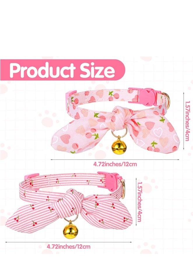 2 Pcs Cotton Bowtie Cat Collar with Bell, Breakaway Kitten Collar with Love Heart Cherry Pattern with Removeable Bow, Adjustable Pink Girl Cat Collars with Safety Clasp for Kitten - Image 2