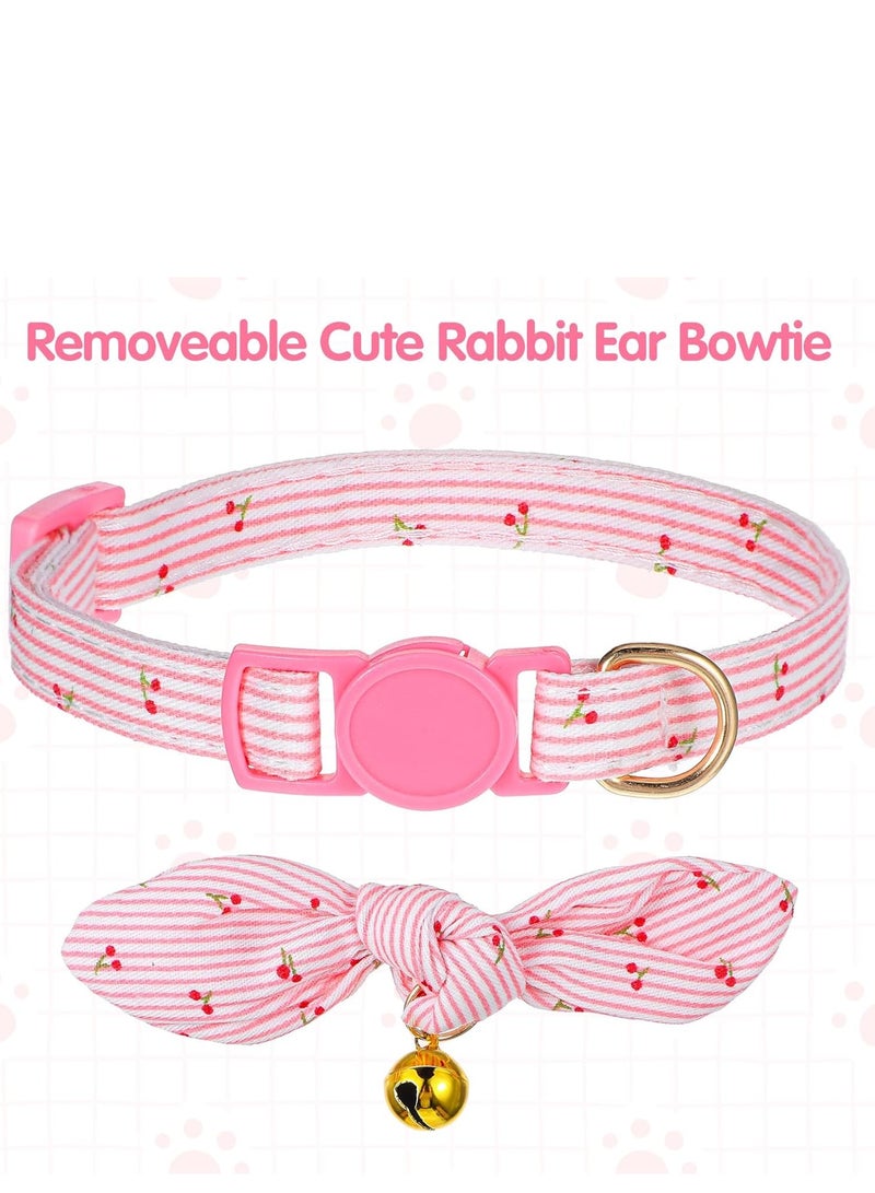 2 Pcs Cotton Bowtie Cat Collar with Bell, Breakaway Kitten Collar with Love Heart Cherry Pattern with Removeable Bow, Adjustable Pink Girl Cat Collars with Safety Clasp for Kitten - Image 5
