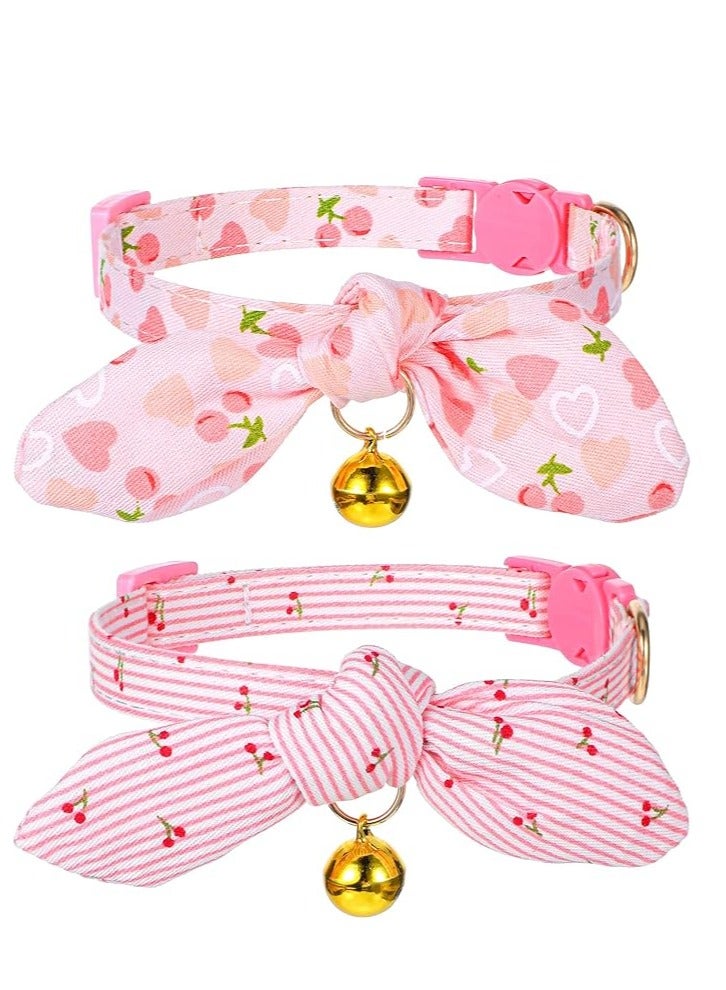 2 Pcs Cotton Bowtie Cat Collar with Bell, Breakaway Kitten Collar with Love Heart Cherry Pattern with Removeable Bow, Adjustable Pink Girl Cat Collars with Safety Clasp for Kitten - Image 1