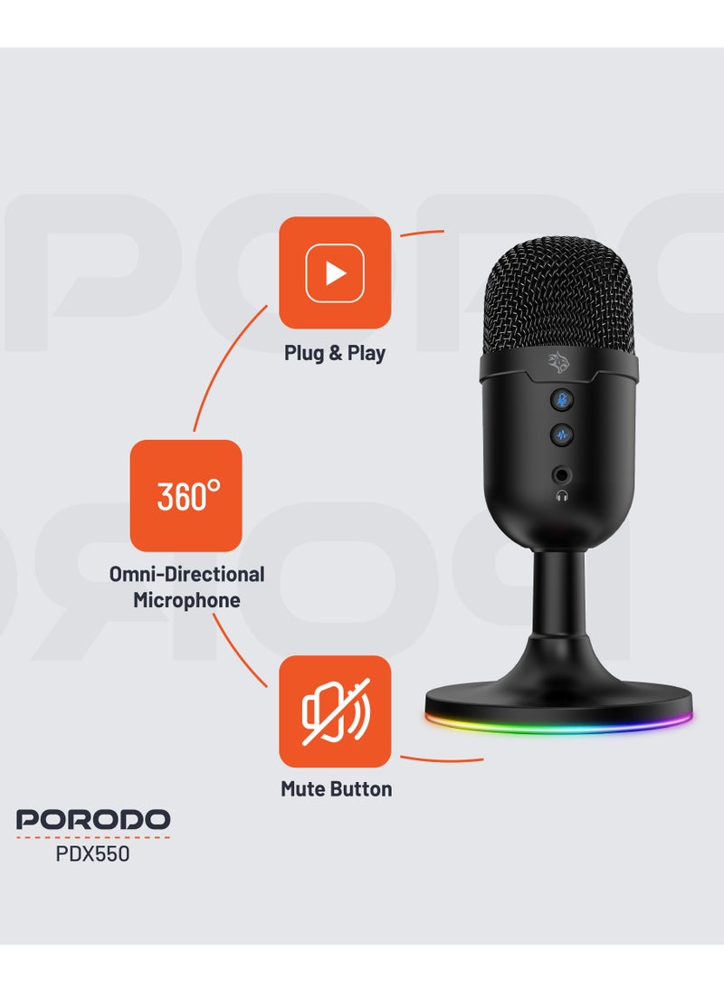 porodo Omni Stream Microphone with RGB Lights Stand and 1.8M PVC Cable / ANC / Stream / Conference / Podcast / Plug & Play Condenser Microphone - Black  - Image 2