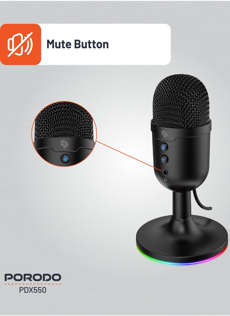porodo Omni Stream Microphone with RGB Lights Stand and 1.8M PVC Cable / ANC / Stream / Conference / Podcast / Plug & Play Condenser Microphone - Black  - Image 3