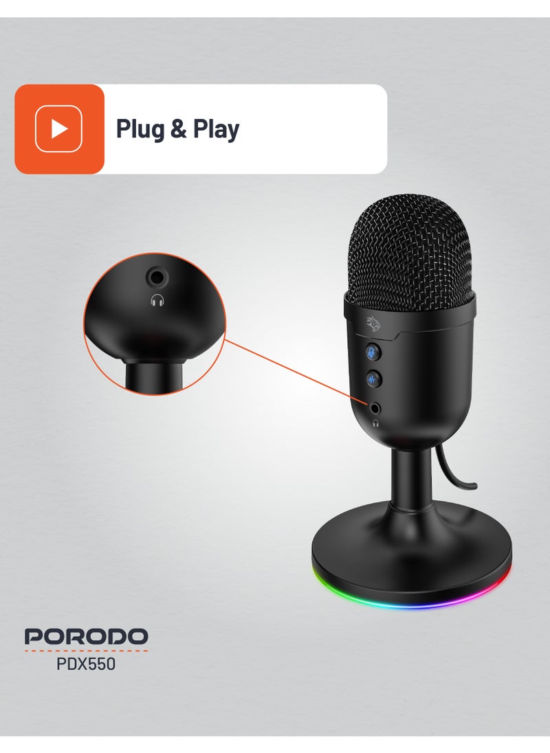porodo Omni Stream Microphone with RGB Lights Stand and 1.8M PVC Cable / ANC / Stream / Conference / Podcast / Plug & Play Condenser Microphone - Black  - Image 4