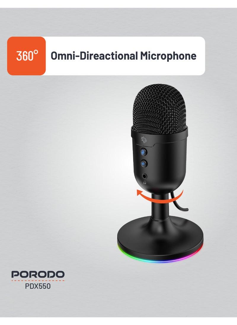 porodo Omni Stream Microphone with RGB Lights Stand and 1.8M PVC Cable / ANC / Stream / Conference / Podcast / Plug & Play Condenser Microphone - Black  - Image 5