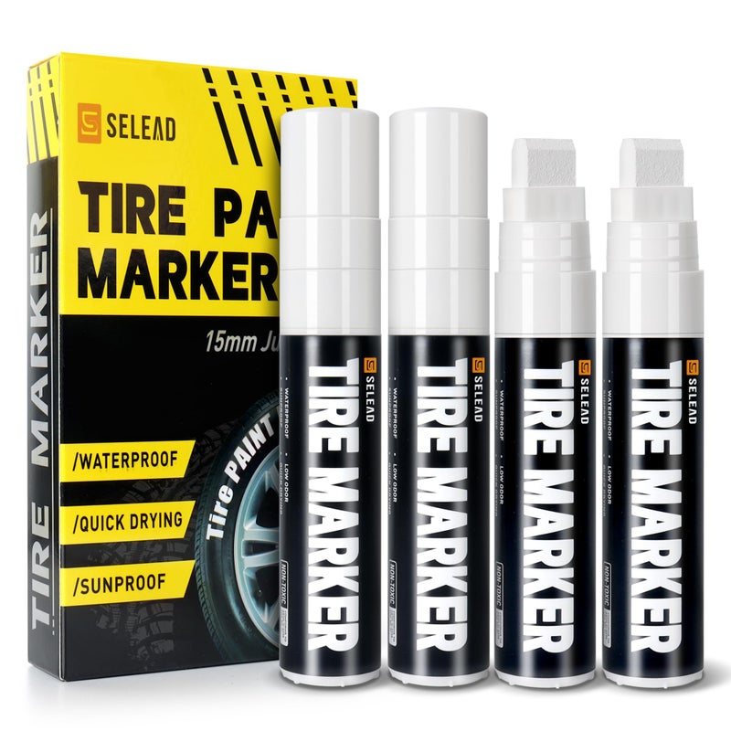 SELEAD Jumbo Tire Marker White - 4 Pack 15mm Wide Tip Paint Pens for Car Tires Lettering, Large Capacity Premium Ink Waterproof Permanent Markers - Image 1