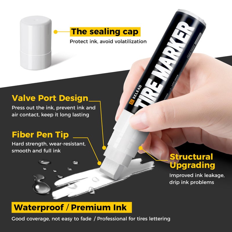 SELEAD Jumbo Tire Marker White - 4 Pack 15mm Wide Tip Paint Pens for Car Tires Lettering, Large Capacity Premium Ink Waterproof Permanent Markers - Image 4