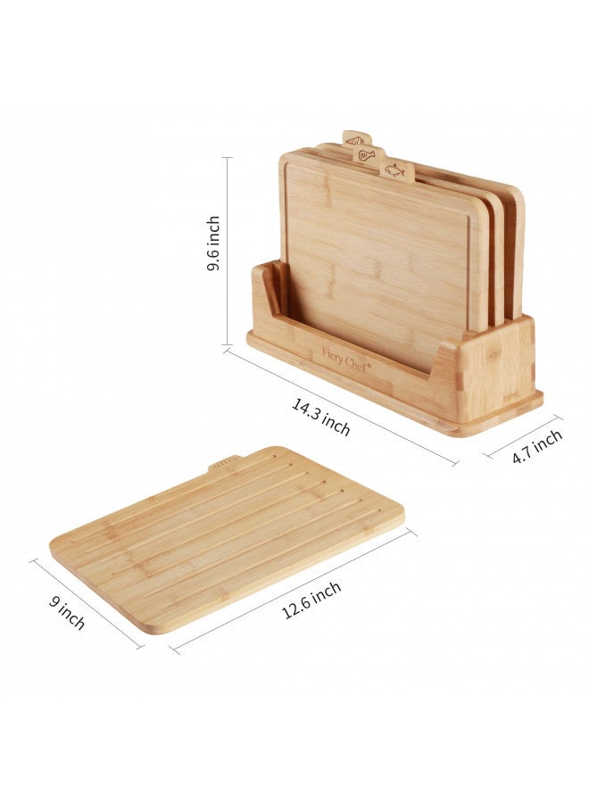 Fiery Chef مجموعة ألواح تقطيع من الخيزران 12.6"L x 9"W من فياري شيف - مجموعة ألواح خشبية مع حامل، مجموعة ألواح تقطيع مع أيقونات الطعام، أخدود عصير - مثالية لتقطيع اللحم، السمك، الخبز، الخضار، الفاكهة - Image 4
