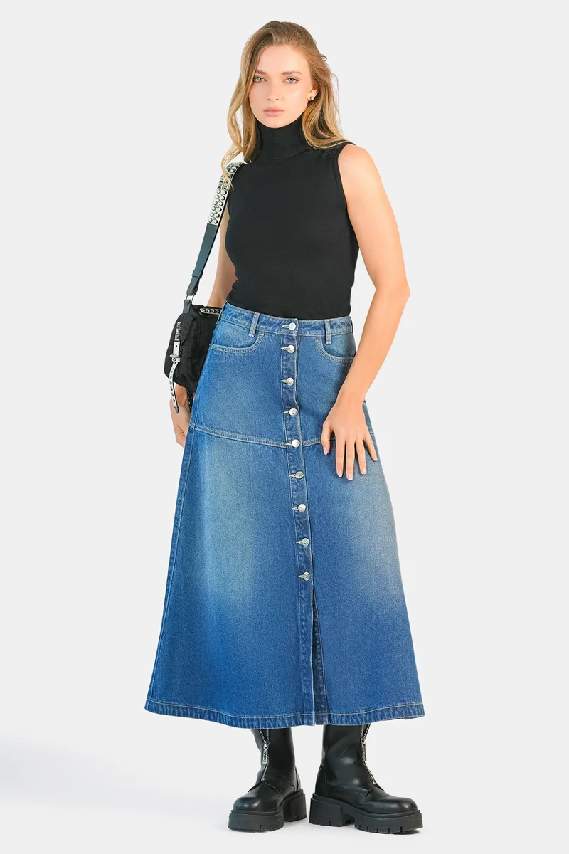Virgio Solid Cotton Denim A-Line Midi Skirt for Women