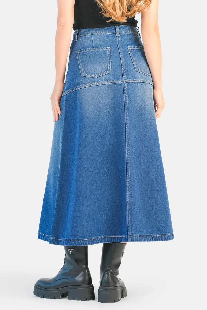 Virgio Blue Solid Cotton Denim A-Line Midi Skirt for Women for Women | Best Price UAE