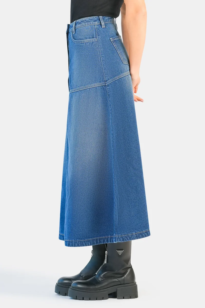 Virgio Blue Solid Cotton Denim A-Line Midi Skirt for Women for Women | Best Price UAE