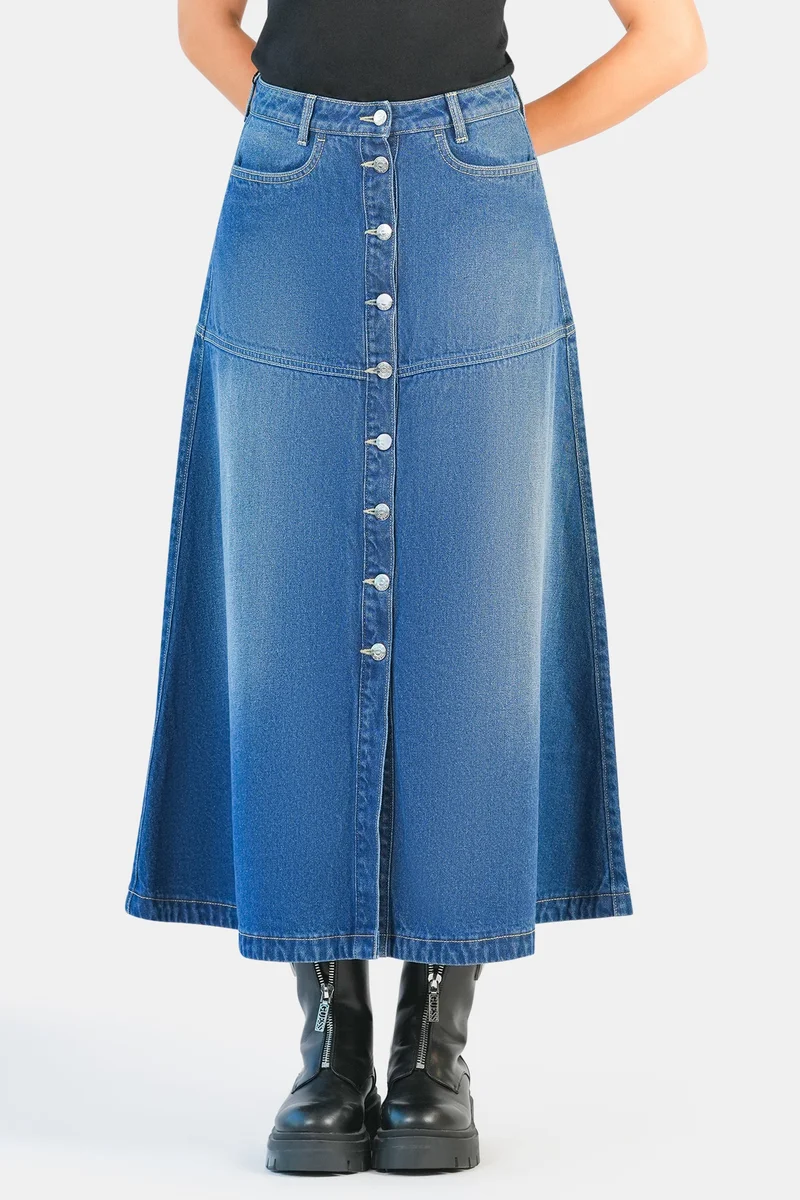 Virgio Solid Cotton Denim A-Line Midi Skirt for Women