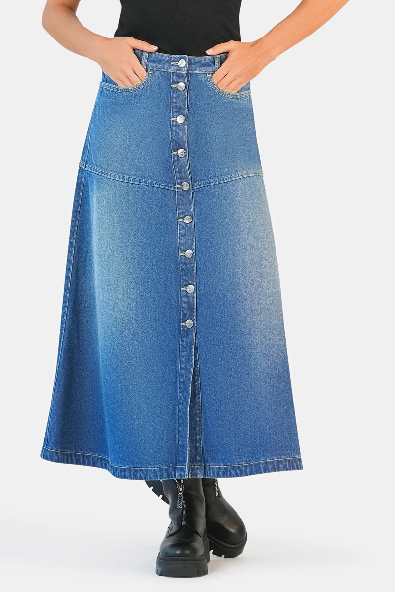 Virgio Blue Solid Cotton Denim A-Line Midi Skirt for Women for Women | Best Price UAE
