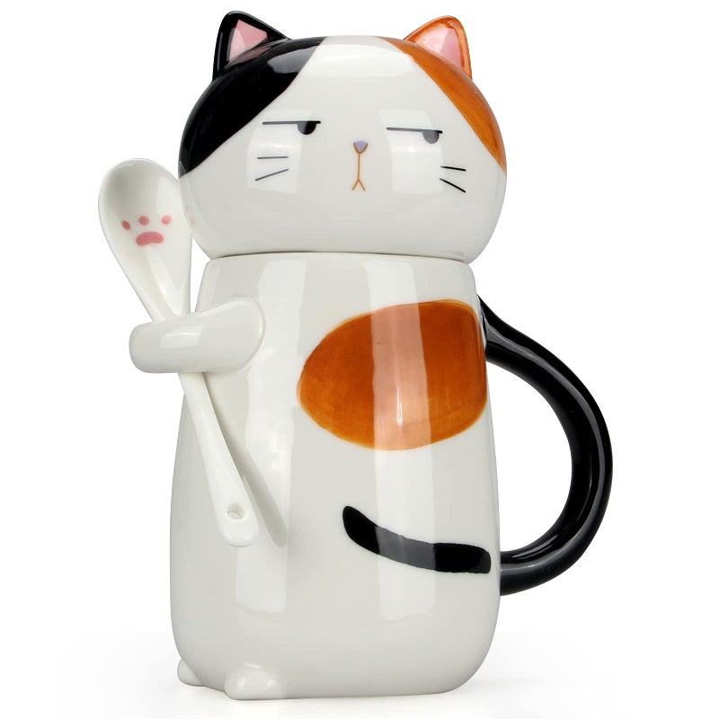 Deceram Large Cute Ceramic Coffee Mug With Lid And Spoon Fun Cat Cup For Women Ladies Unique 3D Kawaii Cat Coffee Mugs Lover Mom Gift Funny Christmas Cups Adorable Porcelain Girls Novelty Mug - Image 1