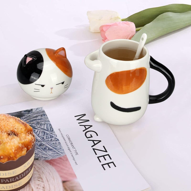 Deceram Large Cute Ceramic Coffee Mug With Lid And Spoon Fun Cat Cup For Women Ladies Unique 3D Kawaii Cat Coffee Mugs Lover Mom Gift Funny Christmas Cups Adorable Porcelain Girls Novelty Mug - Image 3