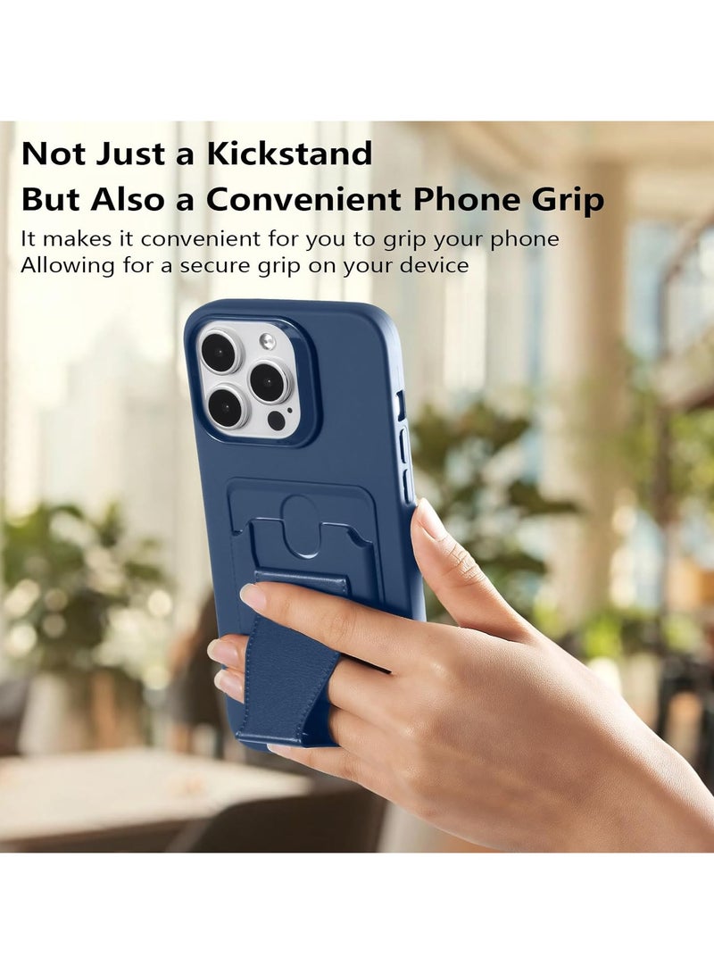 DUSALA Leather Card Holder Case Compatible with iPhone 16 Pro Max 6.9 inch, Shockproof Leather Back Card Storage Plus Phone Stand (Navy Blue) - Image 4