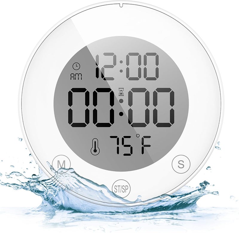 KADAMS Shower Clock Waterproof Bathroom Timer – Digital Wall Clock with Countup & Countdown, Magnetic Kitchen Clock with Temperature, Suction Cup for Kids Shower Spa Sauna Cook Bath, White - Image 1