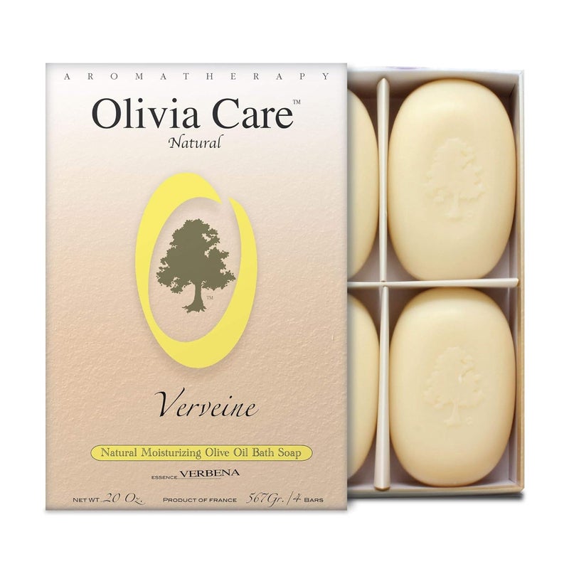 Olivia Care Bath  Body Bar Verbena Soap 4 Pack Gift Box Organic Vegan  Natural Contains Olive Oil Repairs Hydrates Moisturizes  Deep Cleans Good for Sensitive Dry Skin Made in USA