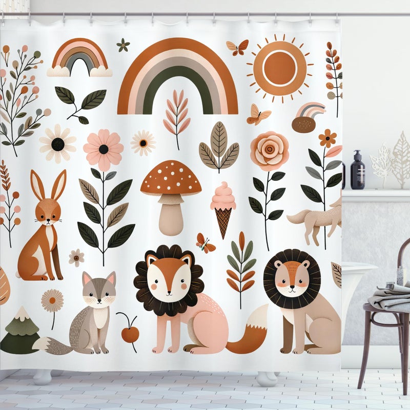 Ambesonne Ambesonne Woodland Shower Curtain  Nordic Style Cartoon Art of Animals Mushrooms Rainbows and Flowers  Cloth Fabric Bathroom Decor Set with Hooks  69"" W x 70"" L  Rust Warm Taupe and Blush - Image 3