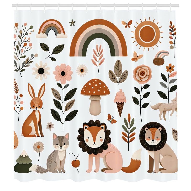 Ambesonne Ambesonne Woodland Shower Curtain  Nordic Style Cartoon Art of Animals Mushrooms Rainbows and Flowers  Cloth Fabric Bathroom Decor Set with Hooks  69"" W x 70"" L  Rust Warm Taupe and Blush - Image 4