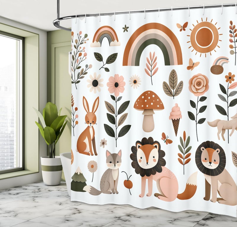 Ambesonne Ambesonne Woodland Shower Curtain  Nordic Style Cartoon Art of Animals Mushrooms Rainbows and Flowers  Cloth Fabric Bathroom Decor Set with Hooks  69"" W x 70"" L  Rust Warm Taupe and Blush - Image 2