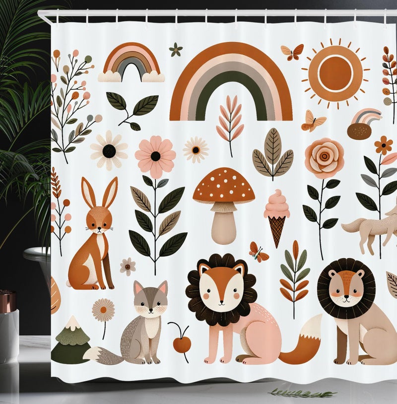 Ambesonne Ambesonne Woodland Shower Curtain  Nordic Style Cartoon Art of Animals Mushrooms Rainbows and Flowers  Cloth Fabric Bathroom Decor Set with Hooks  69"" W x 70"" L  Rust Warm Taupe and Blush - Image 1
