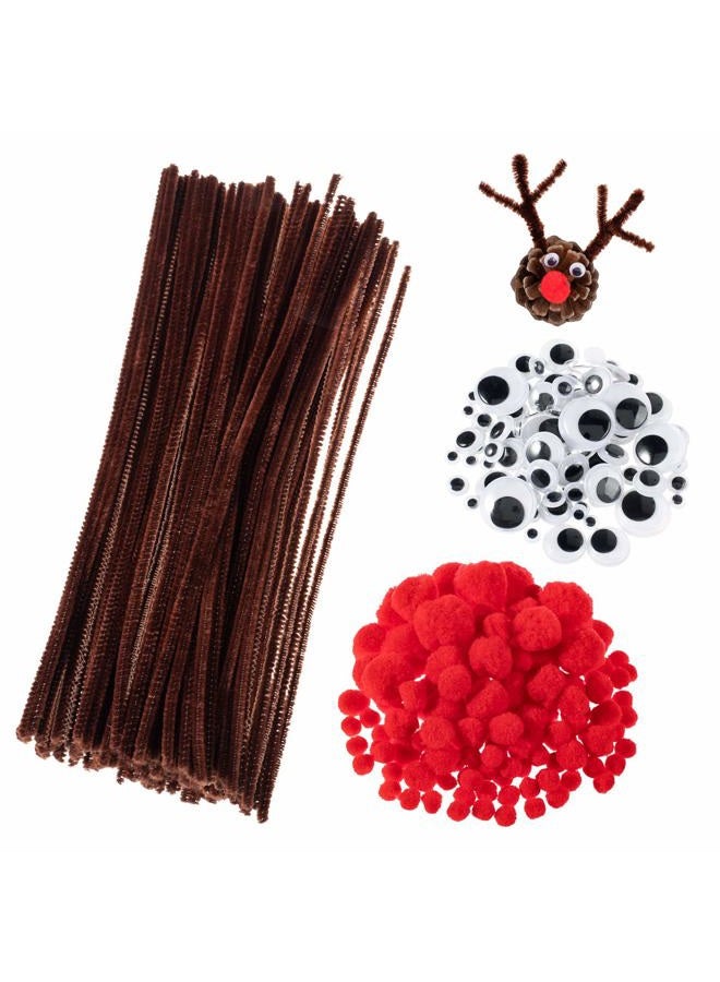 Whaline 350 Pcs Christmas Pipe Cleaners Set including 100 Pcs Brown Craft Chenille Stems, 100 Pcs Multi Sized Wiggle Googly Eyes and 150 Pcs Pompoms for Christmas Craft Party DIY Art Supplies - Image 1