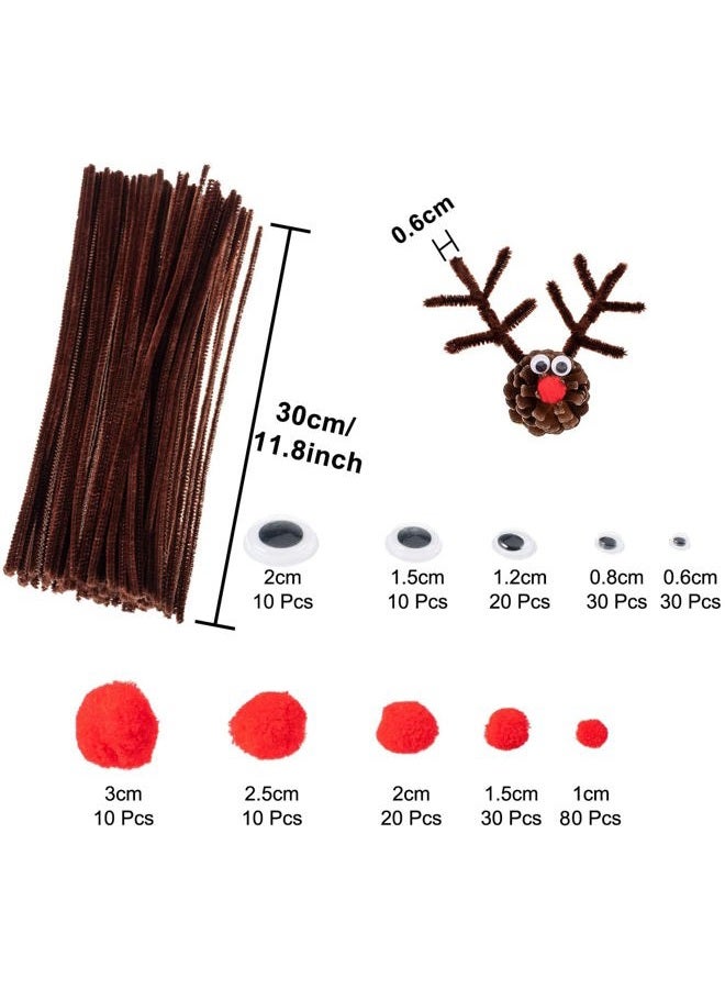Whaline 350 Pcs Christmas Pipe Cleaners Set including 100 Pcs Brown Craft Chenille Stems, 100 Pcs Multi Sized Wiggle Googly Eyes and 150 Pcs Pompoms for Christmas Craft Party DIY Art Supplies - Image 2