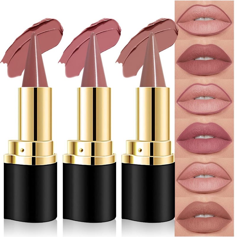 3Pcs Gradient Lip Liner and Lipstick Combo Set for Women Chestnut Antique Rose Nude Brown Matte Cream Lipstick Lip Liner Crayon Pencil Makeup Flawless Contour Gradual Ombre Effect Longwear Waterproof