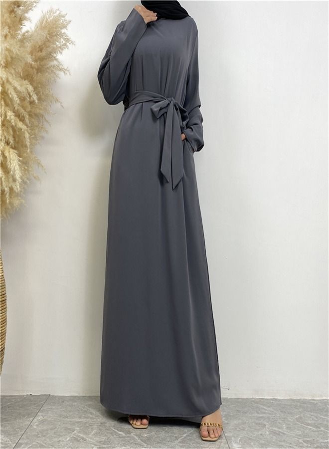 Loquat Lace-Up Pocket Muss Solid Color Dress Abaya Grey  - Image 1