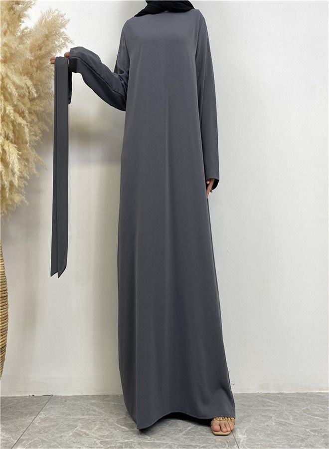 Loquat Lace-Up Pocket Muss Solid Color Dress Abaya Grey  - Image 2