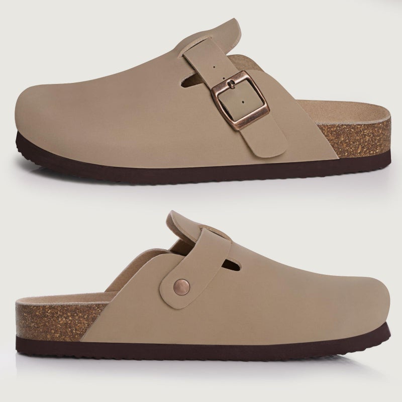 KIDMI Unisex Vegan Suede Clogs Leather Mules Womens Mens Cork Footbed Potato Shoes with Arch Support, Taupe, Size 40 - Image 3
