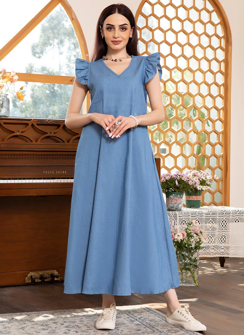 FridayIn Sweet V-neck Ruffle collar Solid color Ruffle Long Dresses Light blue - Image 5