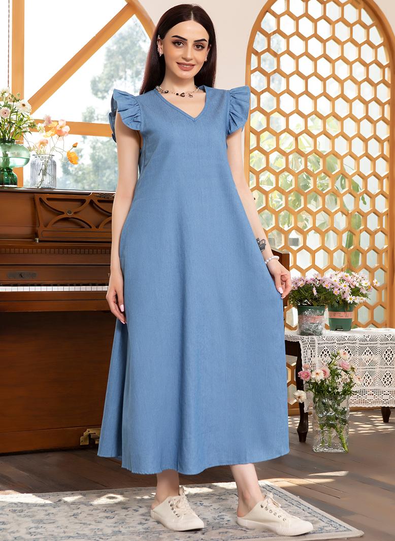 FridayIn Sweet V-neck Ruffle collar Solid color Ruffle Long Dresses Light blue - Image 1