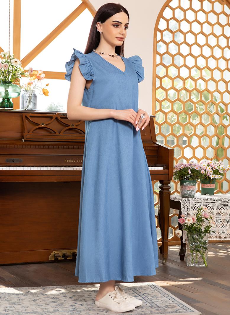 FridayIn Sweet V-neck Ruffle collar Solid color Ruffle Long Dresses Light blue - Image 4