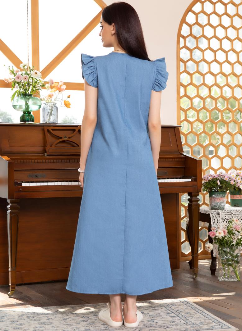 FridayIn Sweet V-neck Ruffle collar Solid color Ruffle Long Dresses Light blue - Image 2
